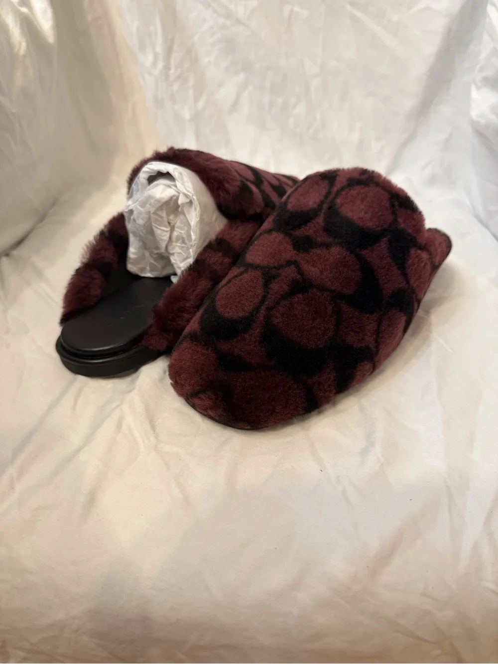 Women's Burgundy and Black Faux-Fur Slide Slippers